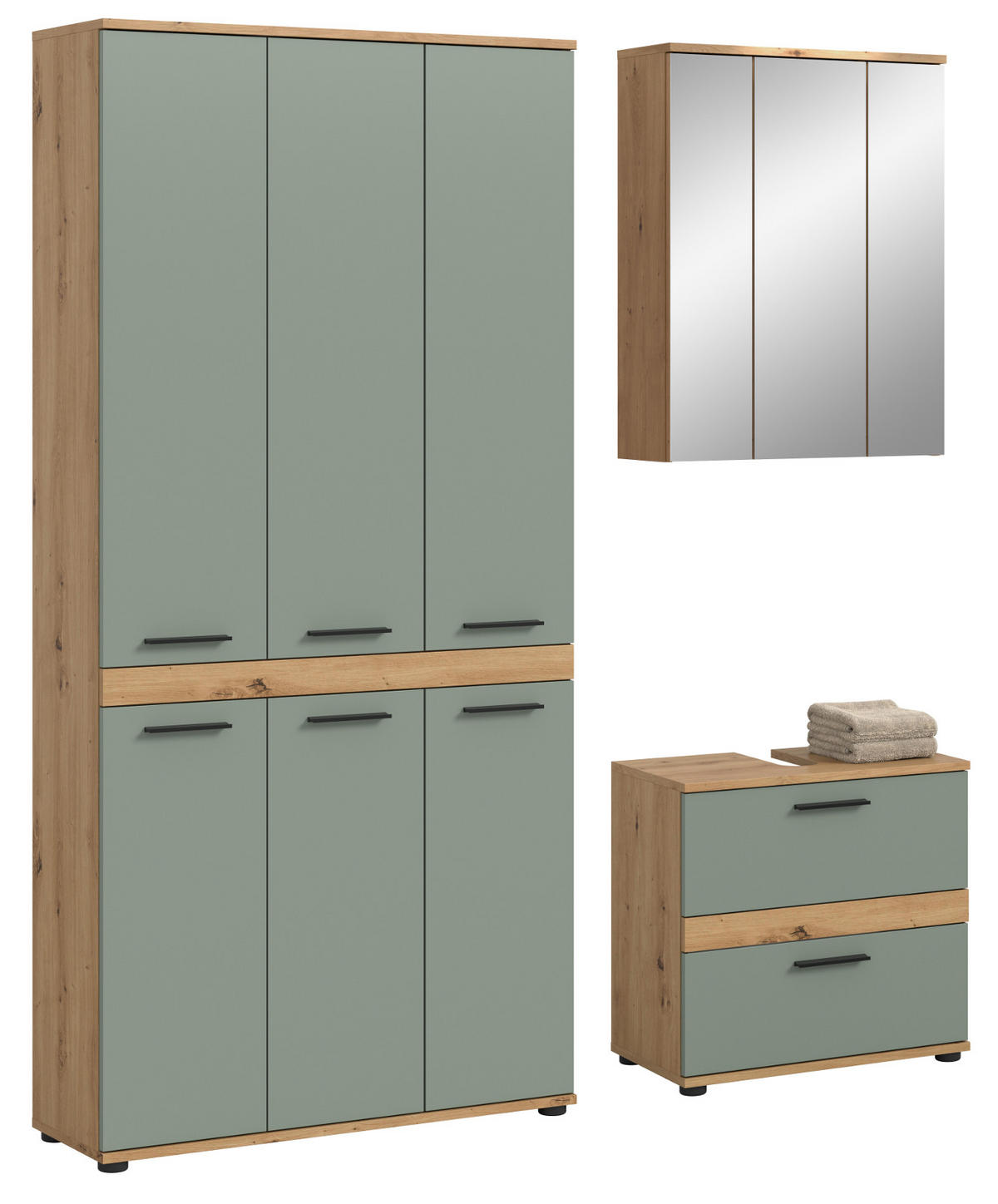 BADMÖBEL-SET 3-teilig Salbei grün, Artisan Eiche 167 cm, Badezimmerschränke mit viel Stauraum - Salbeigrün/Schwarz, Glas/Holzwerkstoff (167/191/34cm) - Inn.Furn