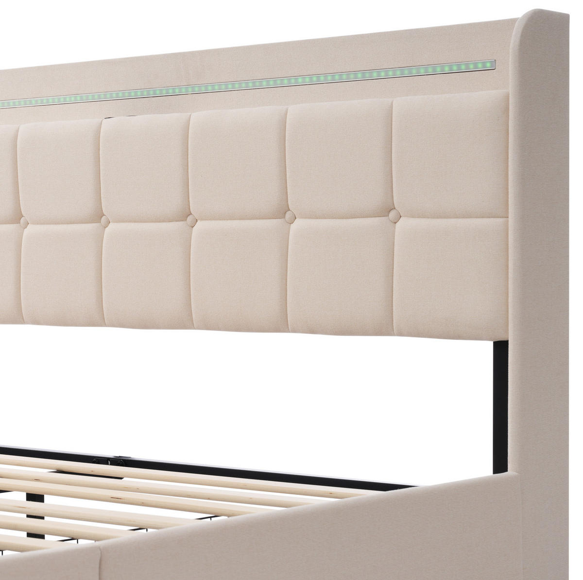POLNJENA postelja iz lesa 180x200 cm bež/siva z LED osvetlitvijo, USB priključki, vtičnicami in 4 predali - bež, tekstil (180/200cm) - Modfu