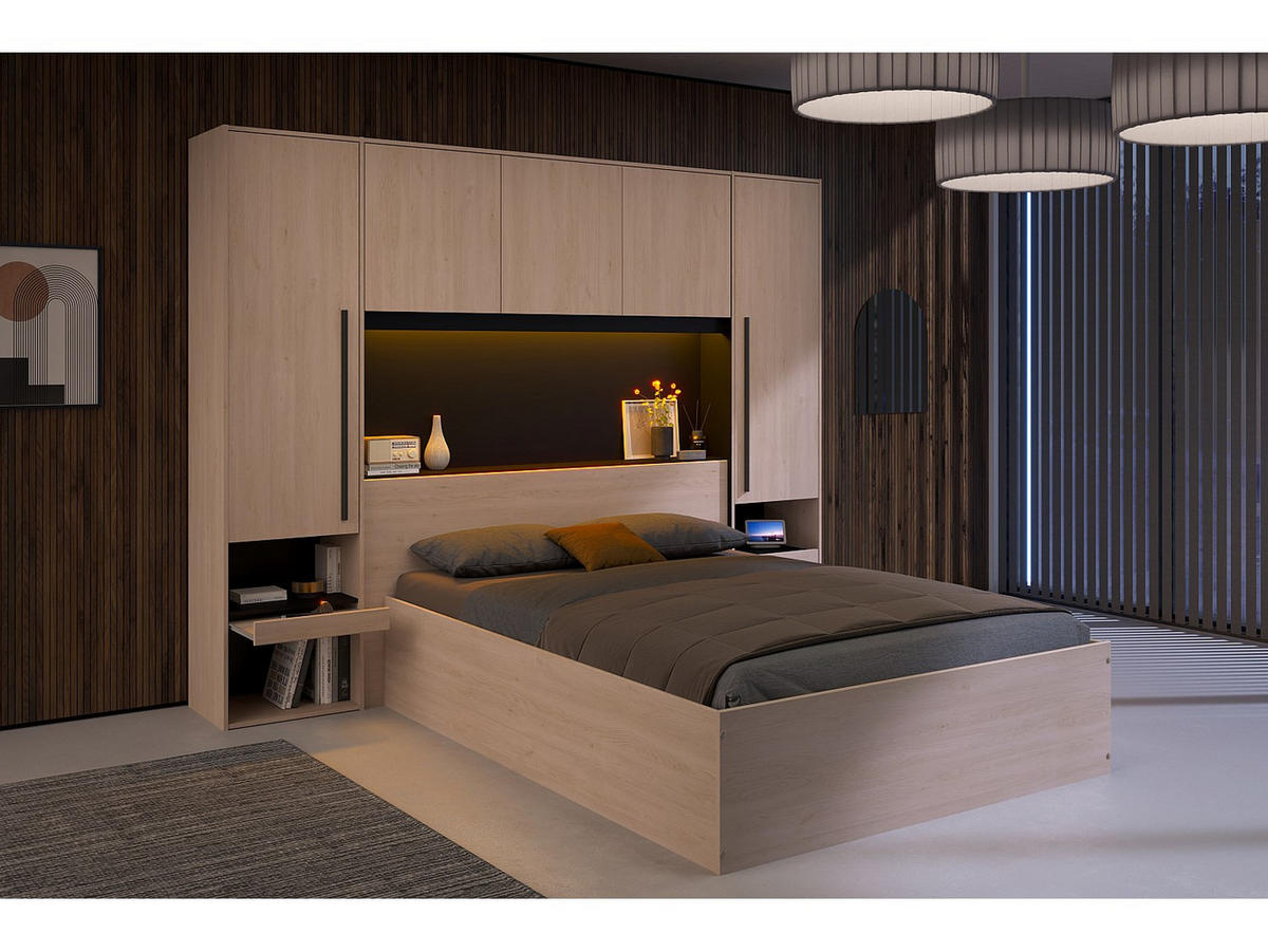BETT mit Bettkasten - 2 Personen - Holz, Platte - Schwarz, Naturfarben Hell - Schwarz/Naturfarben, Holz (140/190cm) - Vente-Unique