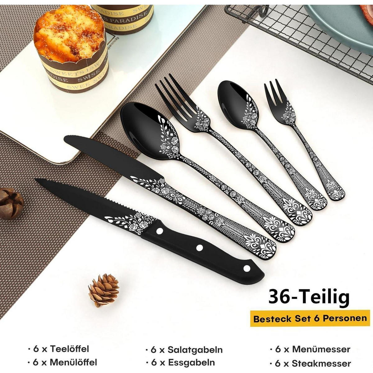BESTECKSET 36-teilig für 6 Personen Schwarz mit Blumenmuster - Schwarz, Metall