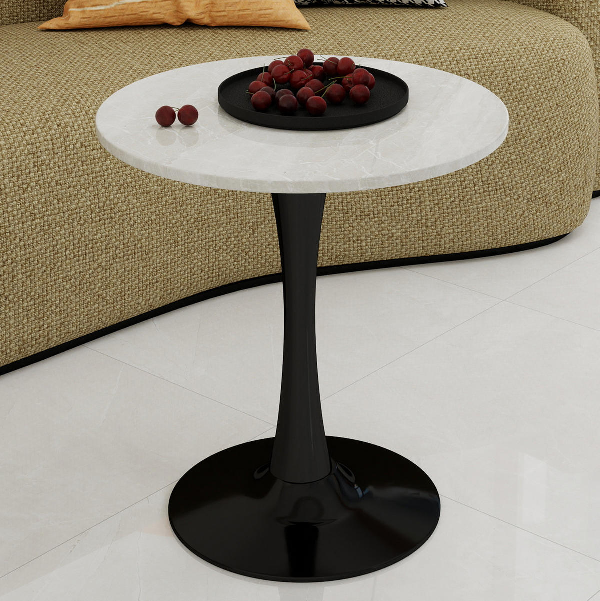 KONFERENČNÍ stolek 70/70/72 cm černo-bílý z umělého mramoru s kulatou deskou - černá, kámen (70/70/72cm) - OKWISH