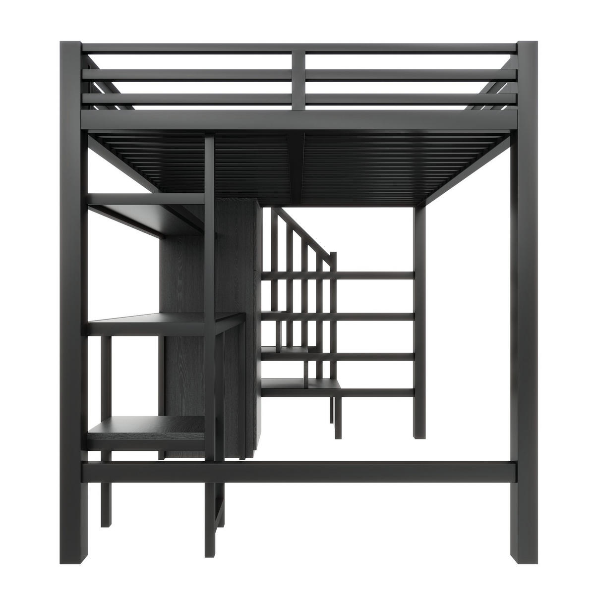 HOCHBETT 140/200 cm mit Schreibtisch, LED-Beleuchtung, Regal, Kleiderschrank und Stauraumtreppe, Schwarz - Schwarz, Holzwerkstoff (140/200cm) - Redom