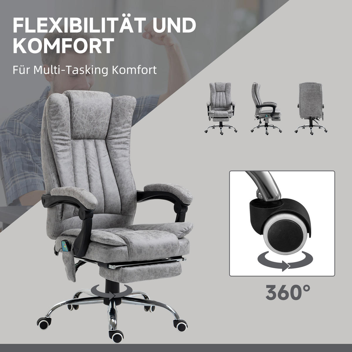 BÜROSTUHL Massagesessel Heizfunktion Liegefunktion Fußstütze Grau - Grau, Textil (67/113/62cm) - Vinsetto