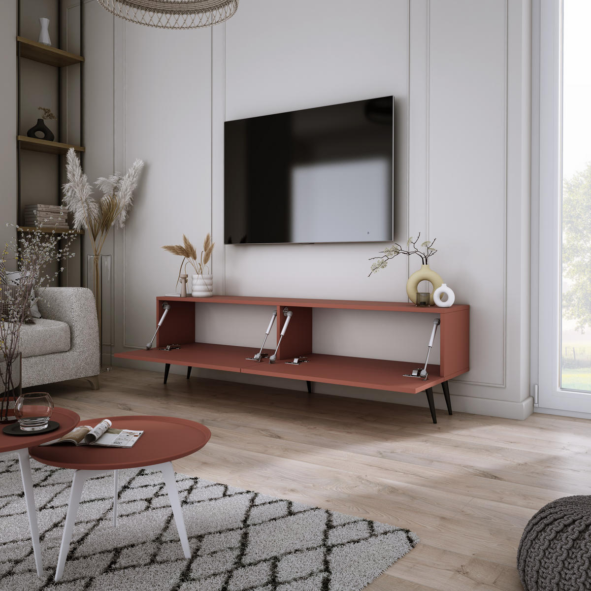 TV-SCHRANK : Ziegelrot, 140 x 52 x 32 cm, schwarze Beine - Rot/Schwarz, Holzwerkstoff/Metall (140/52/32cm) - 3XE LIVING
