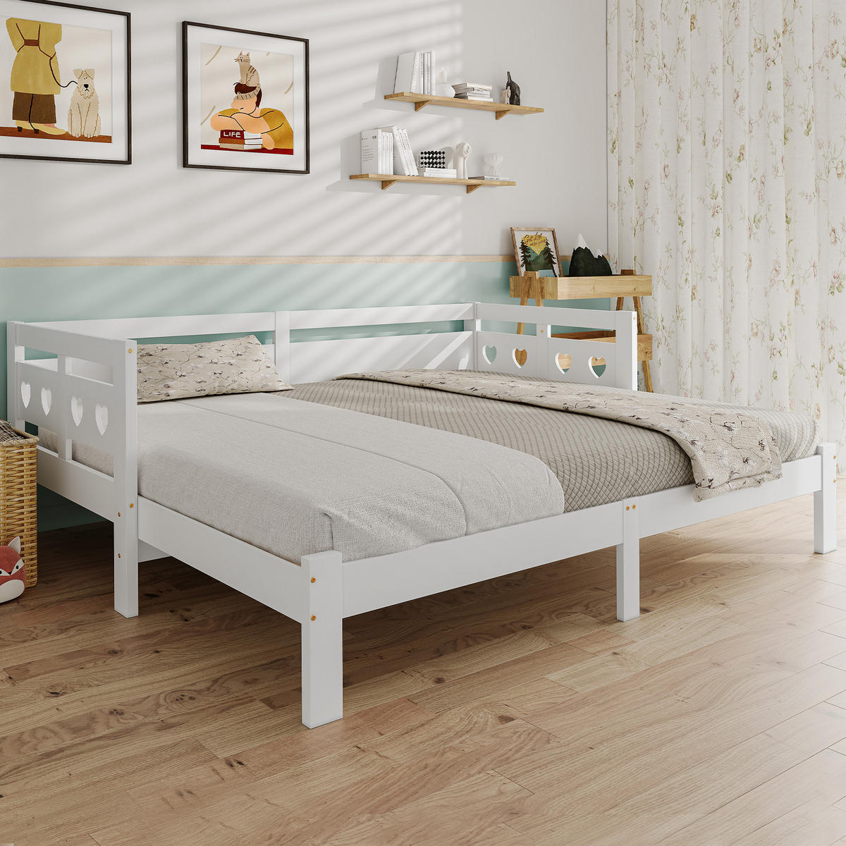 AUSZIEHBETT 90/200 cm mit Herz-Design, Massivholz, Weiß - Weiß, Holzwerkstoff (90/200cm) - Redom