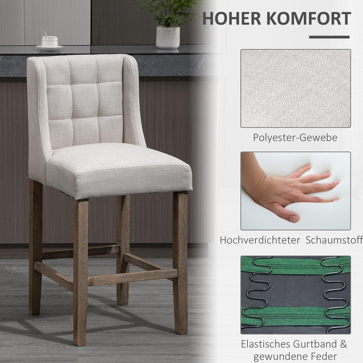 BARHOCKER 2er-Set mit Rückenlehne 47 x 50 x 101 cm Polyester Beige - Beige, Metall (50/101/47cm) - Meubliv
