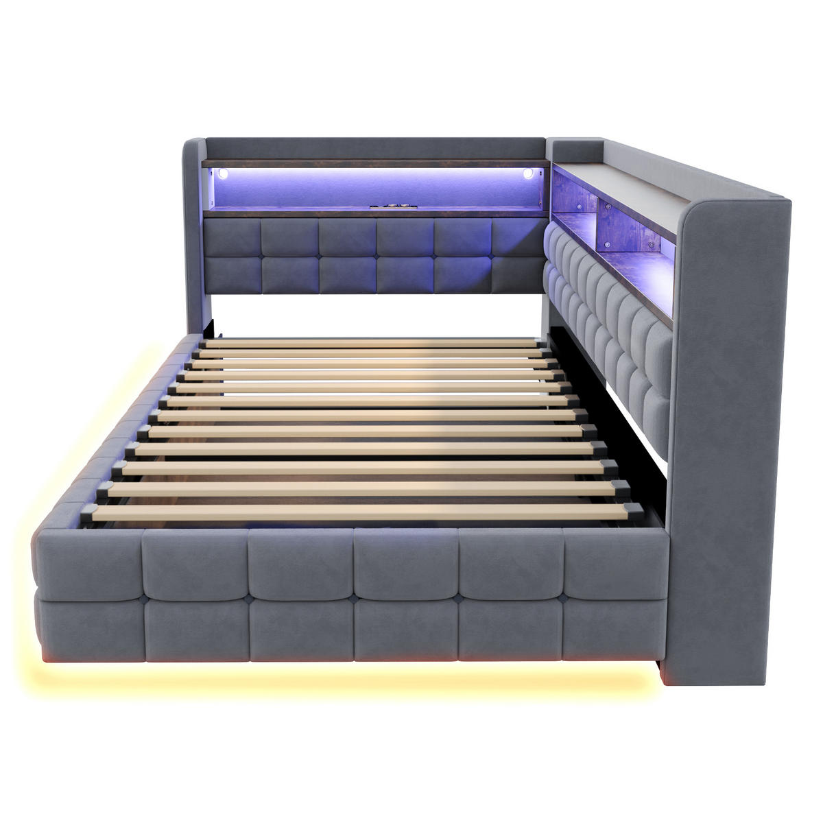 SCHLAFSOFA 90/200 cm in Hellgrau Samt mit Stauraum, Regal, LED, USB und Type-C - Hellgrau, Holzwerkstoff/Textil (90/200cm) - WISHDOR