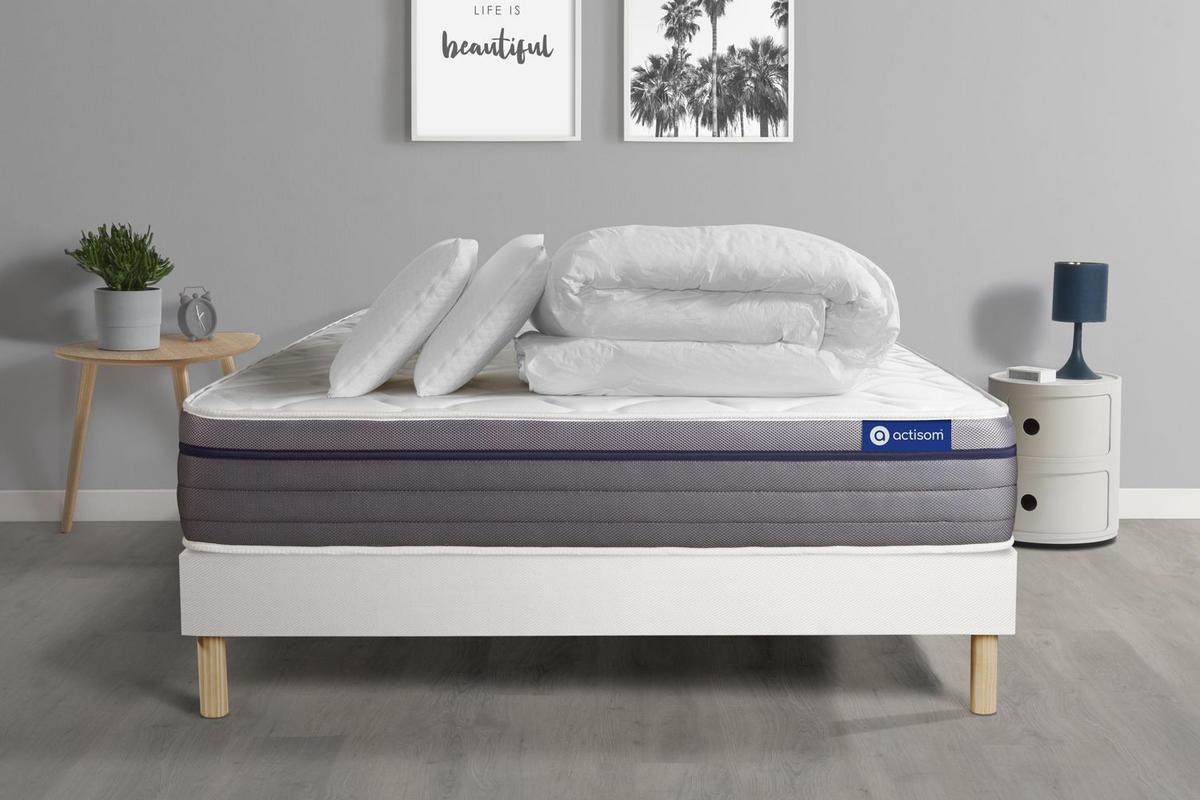 BETT Actimemo zen Memory-Schaum 160 x 200 cm h1 - Kit Bettgestell Weiß - Mit Kissen und Bettdecke - Beige/Weiß, Holz/Textil (160/200cm) - ACTISOM