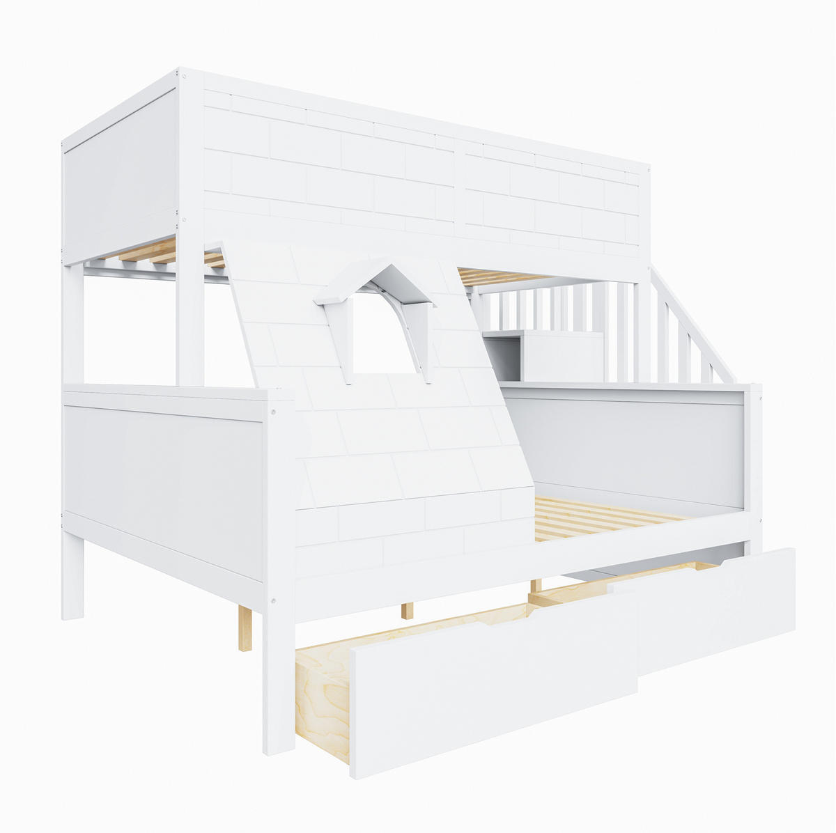 ETAGENBETT aus Kiefernholz 90x200/140x200 cm in Weiß mit Treppe & 2 Schubladen - Weiß, Holz (90/200cm) - Modfu