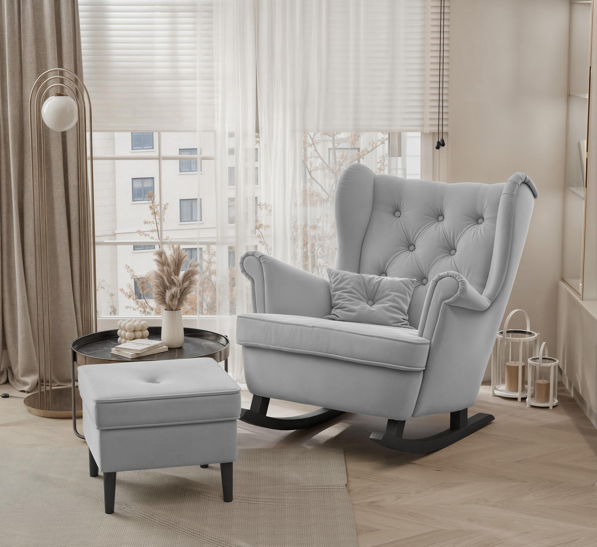 SCHAUKELSESSEL SCANDI mit hocker, Samt Grau - Grau, Holz/Textil (75/97/60cm) - Idohome
