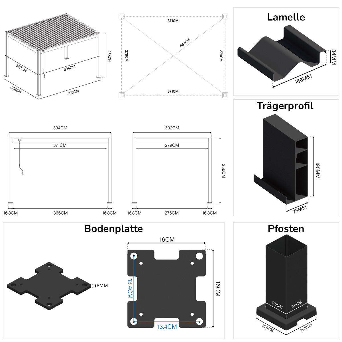 PERGOLA Classic Pavillon Terrassenüberdachung Aluminium 3 x 4 M anthrazit - Anthrazit, Metall (400/255/300cm) - WEIDE