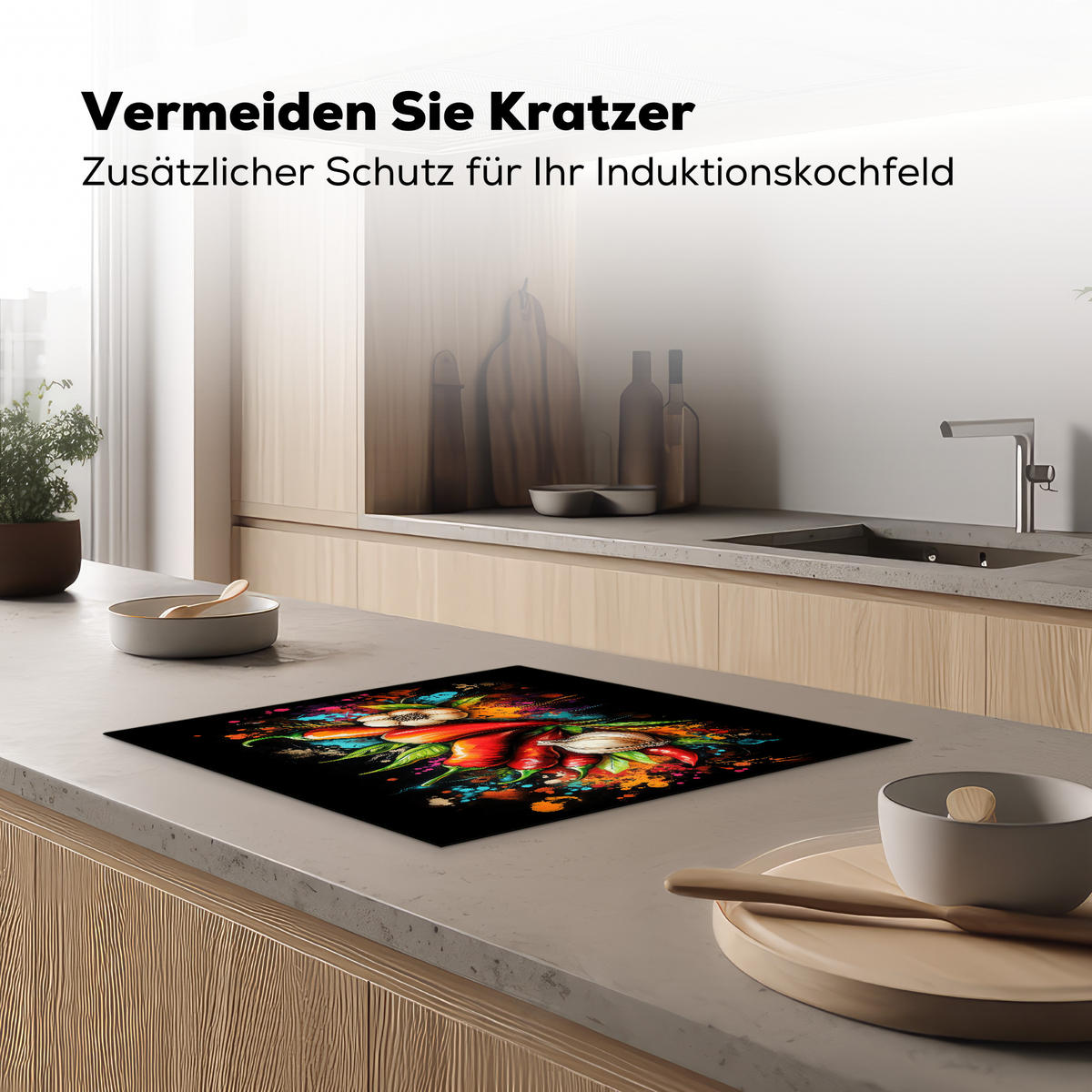 HERDABDECKPLATTE Gemüse - Paprika - Knoblauch - Graffiti - Farbe - Bunt 58x51 cm - Rot, Kunststoff (58.3/0.2/51.3cm) - MuchoWow