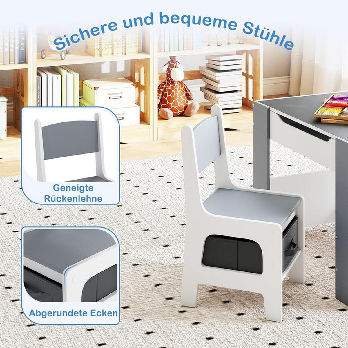 KINDERTISCH mit Stuhl grau(3-tlg) - Grau, Holzwerkstoff (61.5/48/61.5cm) - COSTWAY