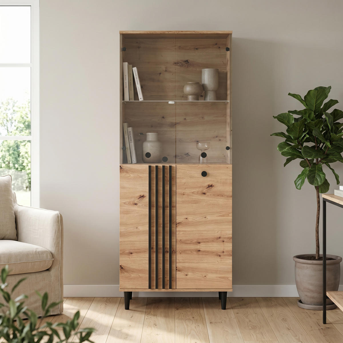 VITRINENSCHRANK ARTIANO 196 x 80 cm Eiche Artisan - Eiche Artisan, Holzwerkstoff (80/196/40cm) - MASSENO