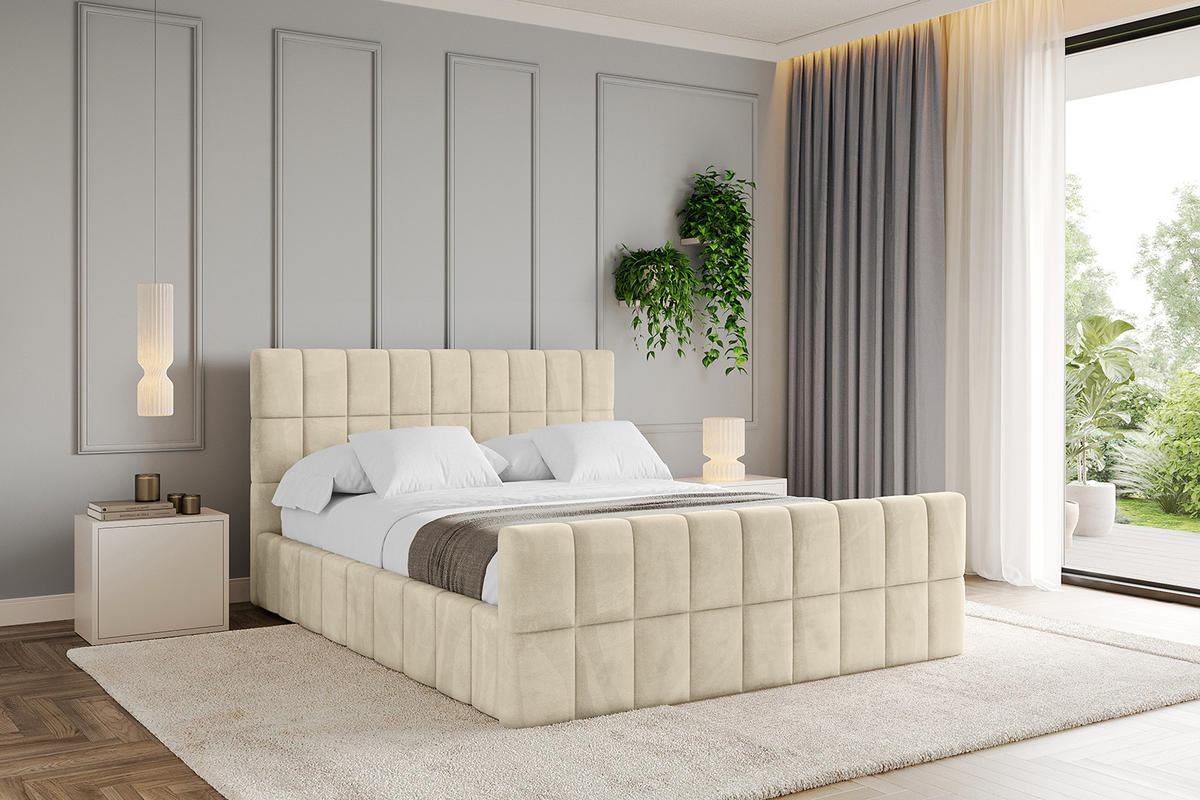 POLSTERBETT mit Bettkasten, Fußteil und Lattenrost, Boxbett mit Matratze H3/H4 - AMEA-Z 140x200 Beige - Ecru, Holzwerkstoff/Textil (140/200cm) - ALTDECOR