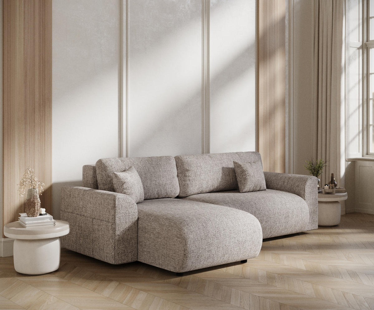 ECKSOFA MIT SCHLAFFUNKTION Bodega Hellbraun Webstoff - Hellbraun/Schwarz, Holz/Holzwerkstoff (235/138cm) - Maison de Reve