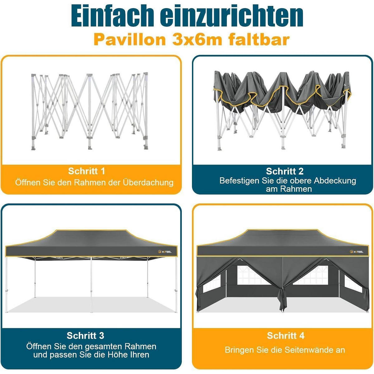 FALTPAVILLON 3x6m Grau Wasserdicht Stabil 6 Seitenteile - Grau, Textil (300/320/600cm)