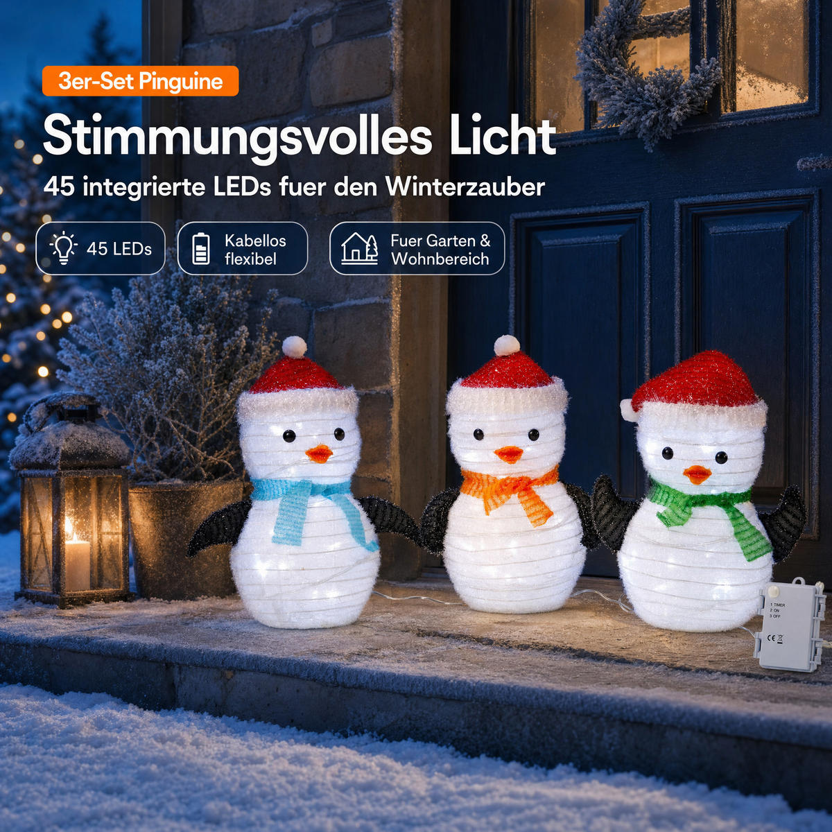 LED-PINGUIN-FIGUR - 45 Lichter mit Timer und Batteriebetrieb für winterliche Garten-Dekoration, 3er-Set - Weiß, Kunststoff (15/22/25cm) - Northpoint