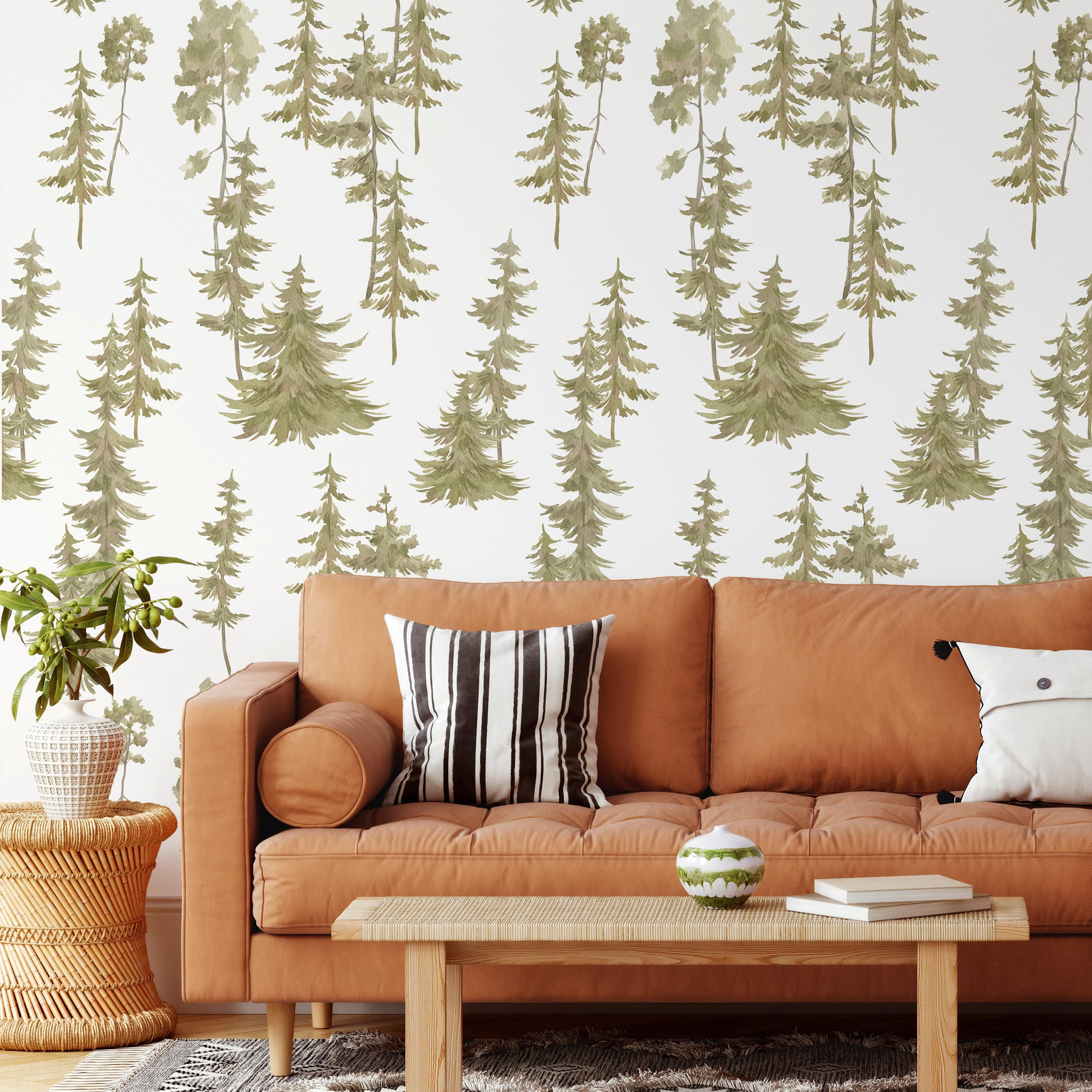 TAPETE Kiefern aus echtem Papier, 200x280cm, 8 Bögen - Grün, Papier (200/280cm) - WALLPAPERS4BEGINNERS