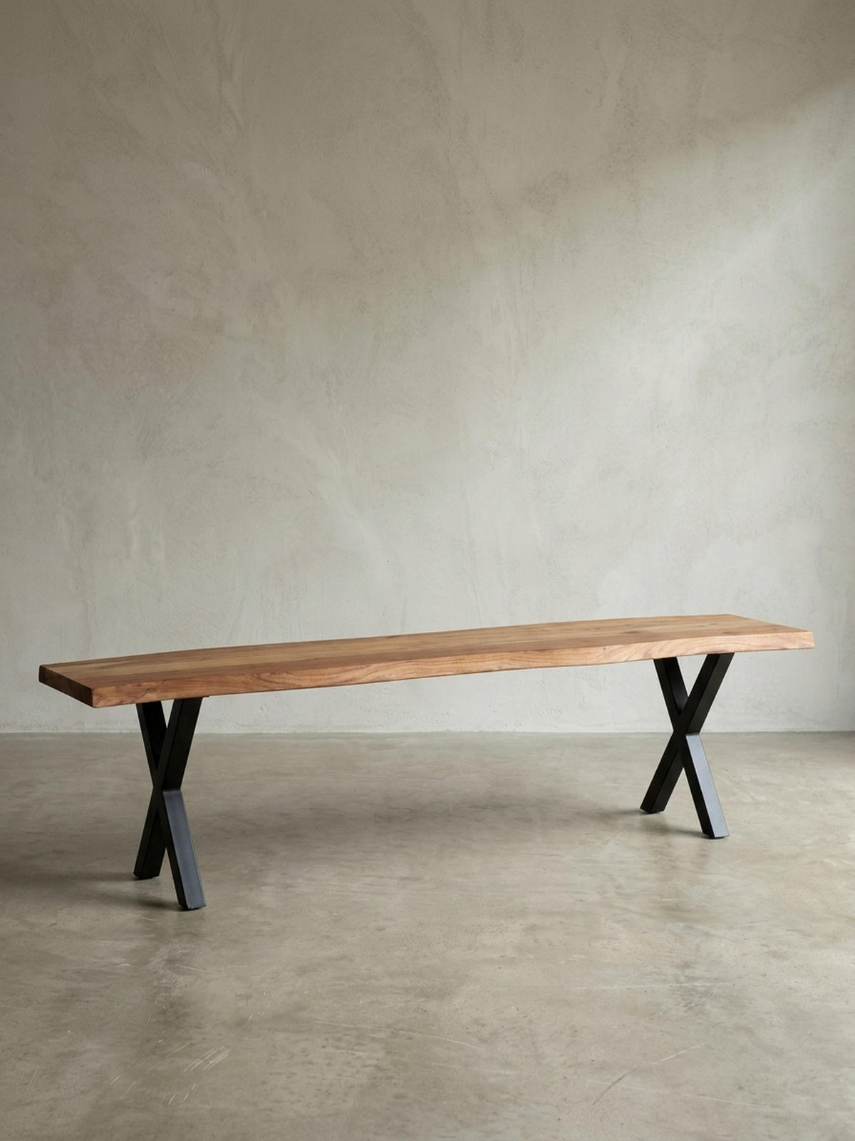 ESSZIMMERBANK Massivholz Metall Baumkante X-Beine, Akazie 140x40x46 cm - Schwarz/Braun, Holz/Metall (140/46/40cm) - KADIMA DESIGN