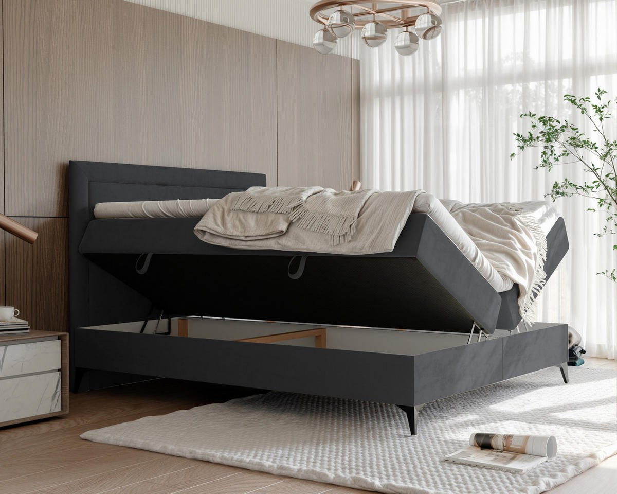 BOXBETT NERO 200/200 cm mit Matratze und Topper, Grau - Schwarz/Grau, Holzwerkstoff/Textil (200/200cm) - Idohome