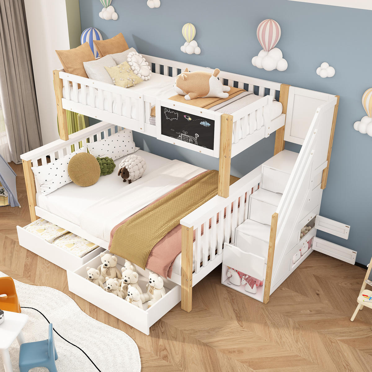ETAGENBETT 90/200 &140/200 cm mit Tafel, Treppe und Schubladen, viel Stauraum, Weiß/Helle Eiche - Weiß, Holz (90/200cm) - Redom