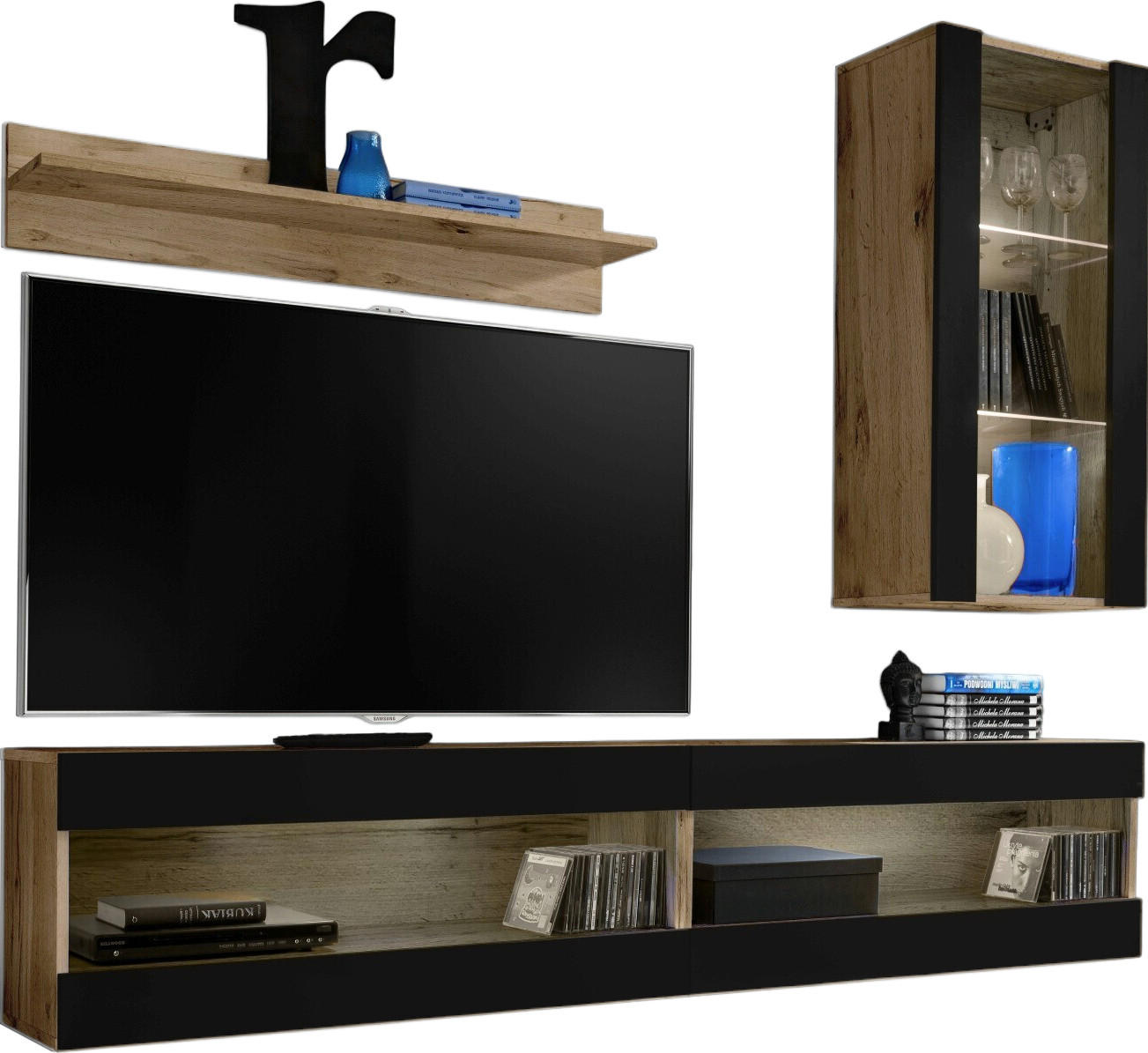 WOHNWAND 4-er Set, TIVOLI SET5 Wotan + Schwarz, Offener Raum - Schwarz/Braun, Glas/Holzwerkstoff (240/195/35cm) - Komodee