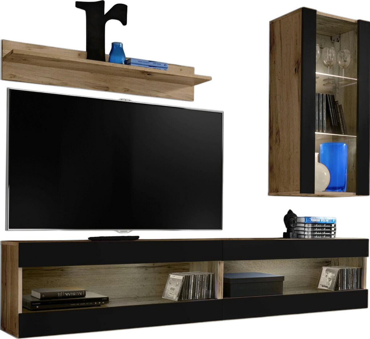 WOHNWAND 4-er Set, TIVOLI SET5 Wotan + Schwarz, Offener Raum - Schwarz/Braun, Glas/Holzwerkstoff (240/195/35cm) - Komodee