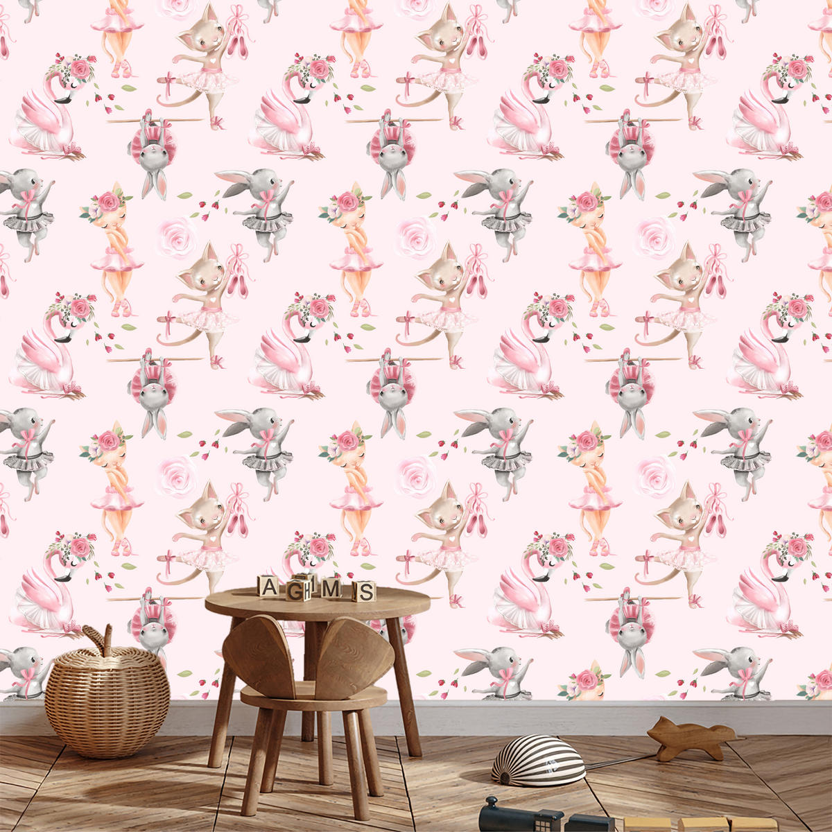 VLIESTAPETE Katzen und Hasen als Ballerinas – Rosa, Weiß – 50x1000 cm - Rosa/Weiß, Papier (50/1000cm) - Muralo