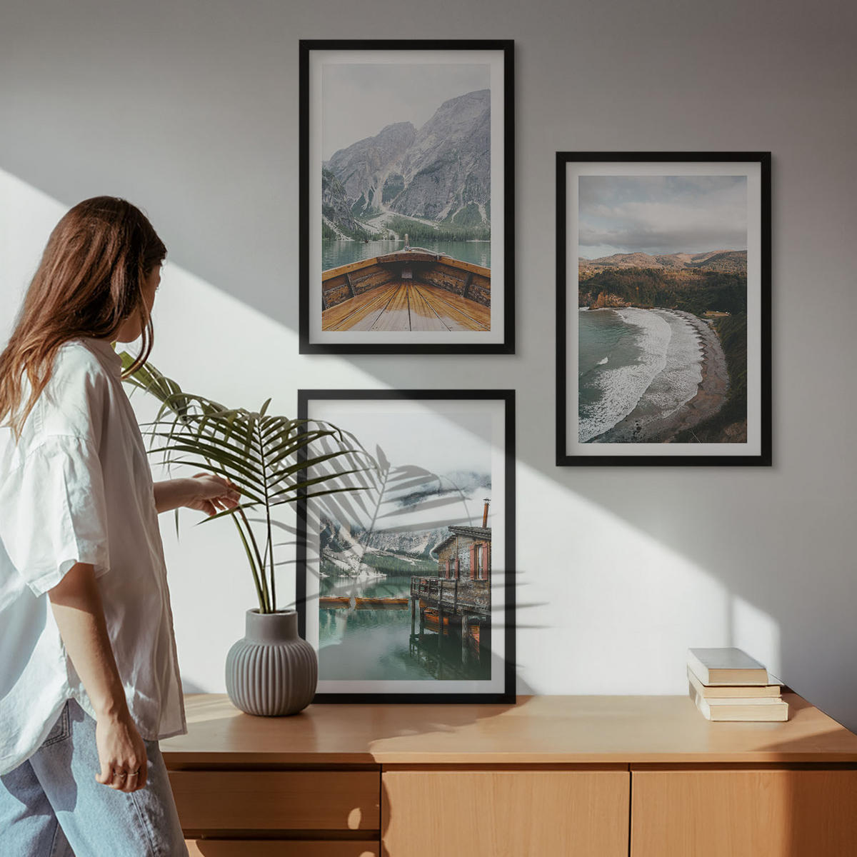 BILDER SET 3er Set - 40x60 cm Schwarzer Rahmen - Berge, See, Boot, Strand, Landschaft - Schwarz, Kunststoff (40/60cm) - TULUP