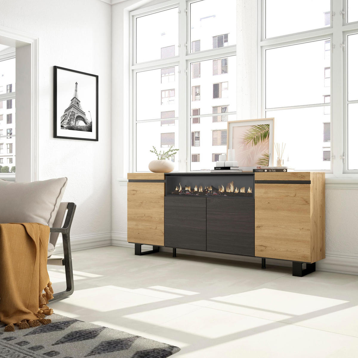 SIDEBOARD Elektrokamin, eiche, schwarz, 200/35/87cm - Multicolor, Holzwerkstoff (200/87/35cm) - Skraut Home