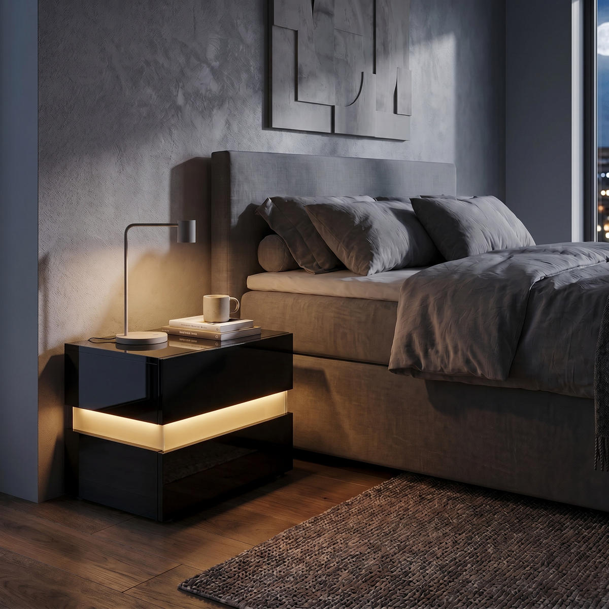 NOĆNI ormarić Flow Crna sjajna/Crna sjajna, uklj. LED osvjetljenje (60 x 45 x 39 cm) - crna visoki sjaj, drvni materijal (60/45/39cm) - Vladon