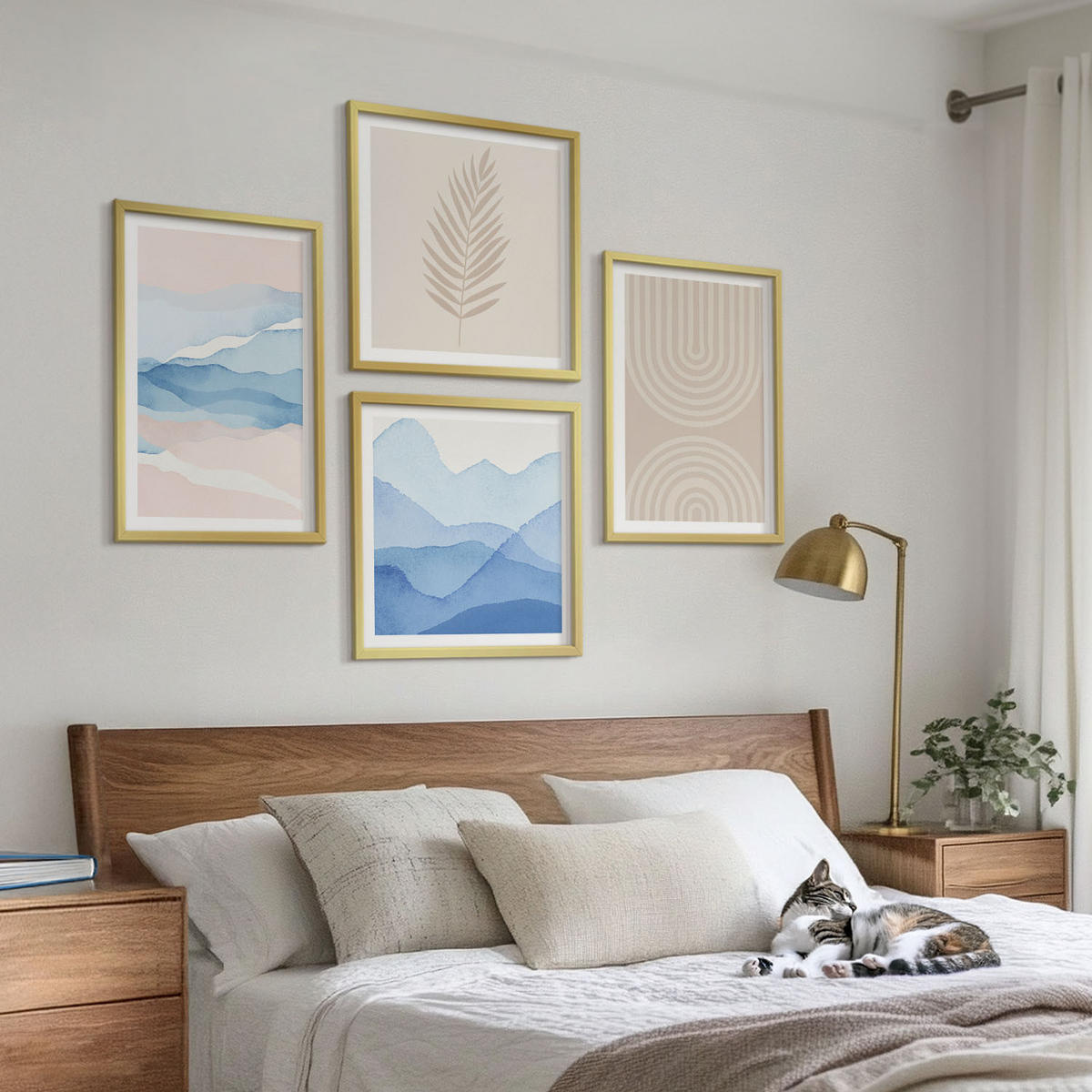 WANDBILDER 4er Set - 50x50 cm & 40x60 cm Goldrahmen - Blätterwellen beige blau - Goldfarben, Kunststoff (50/50cm) - ArtPrintCave
