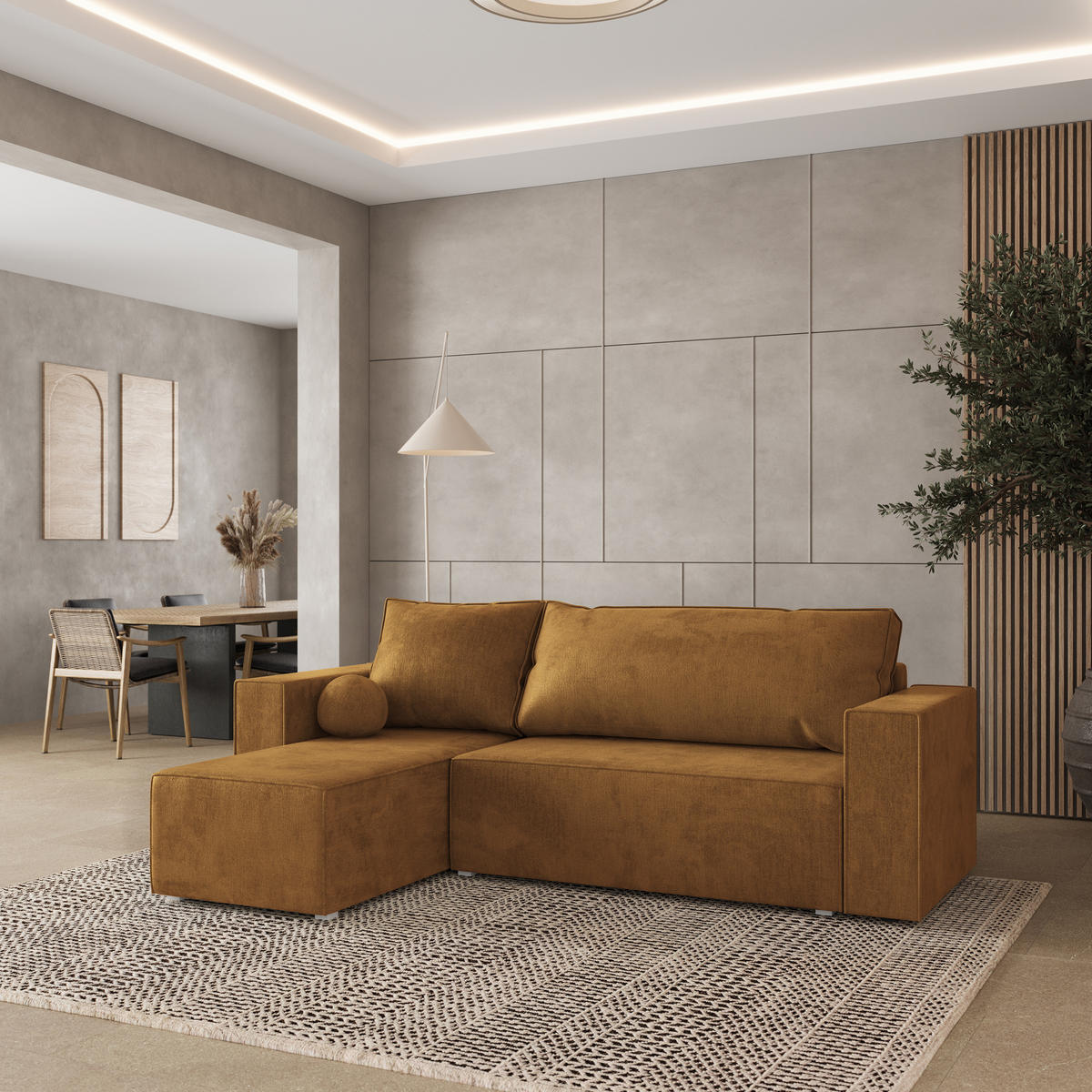 ROHOVÁ SEDAČKA RAVELO žlutá - šedá/žlutá, dřevo/textil (240/140cm) - MASSENO