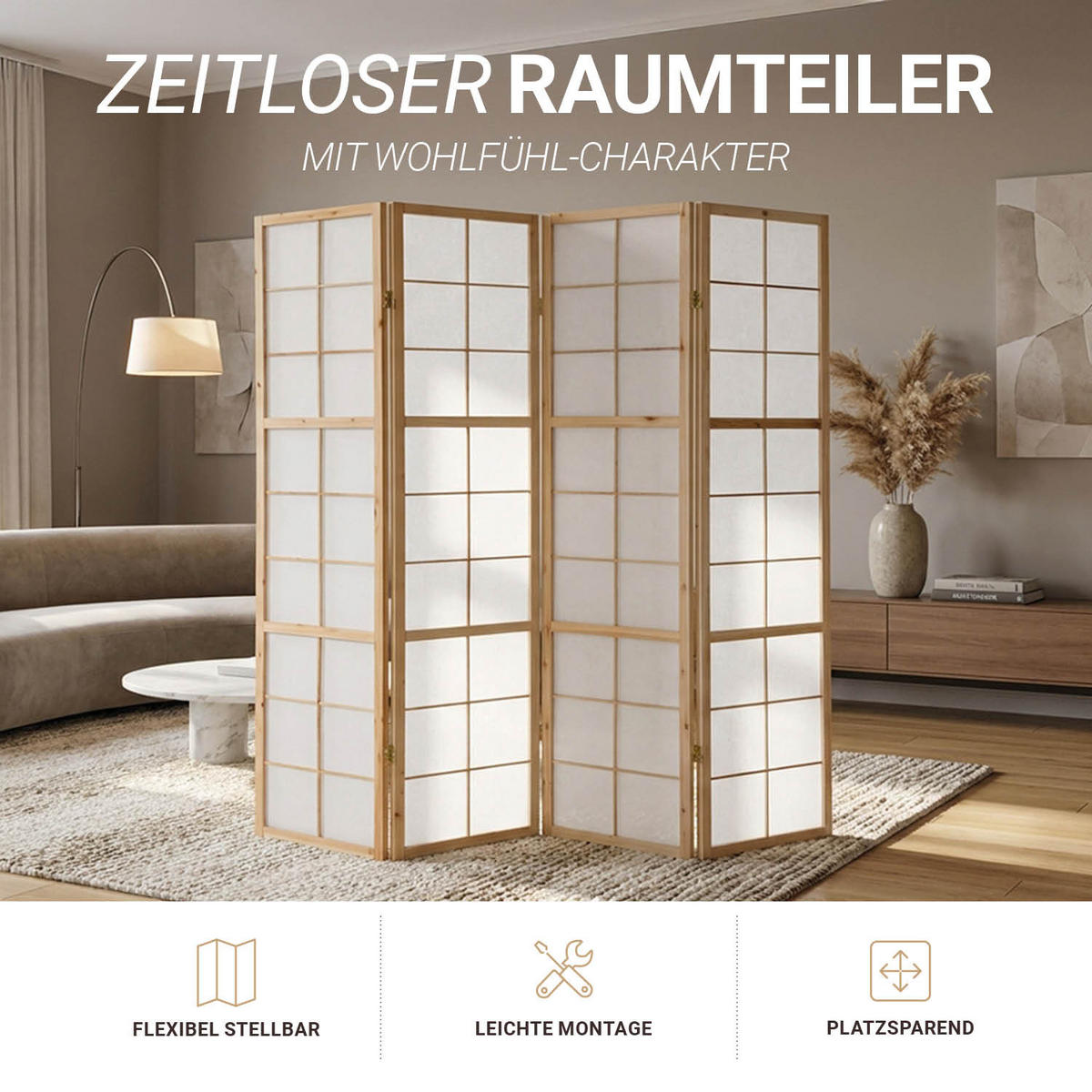 PARAVENT 4-tlg. 176/175 cm Braun Shoji - Braun, Holz (176/175/2cm) - Homestyle4u