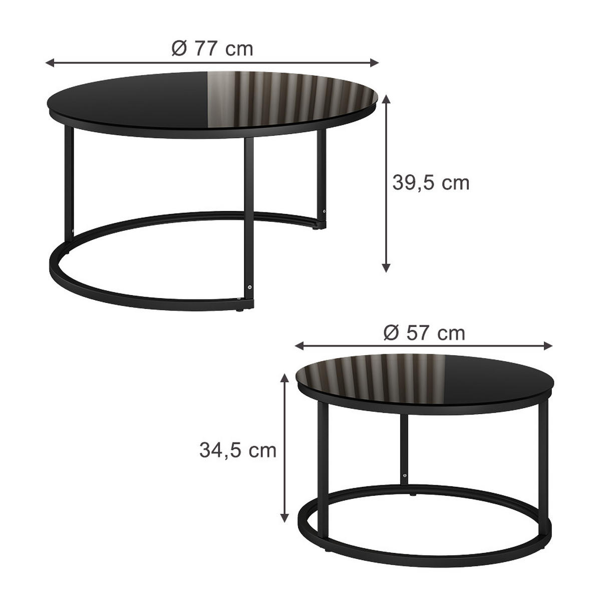 COUCHTISCH-SET Montreal Schwarz 77 x 77 cm 2 Teile - Schwarz Hochglanz, Glas (77/77/39.5cm) - Vicco