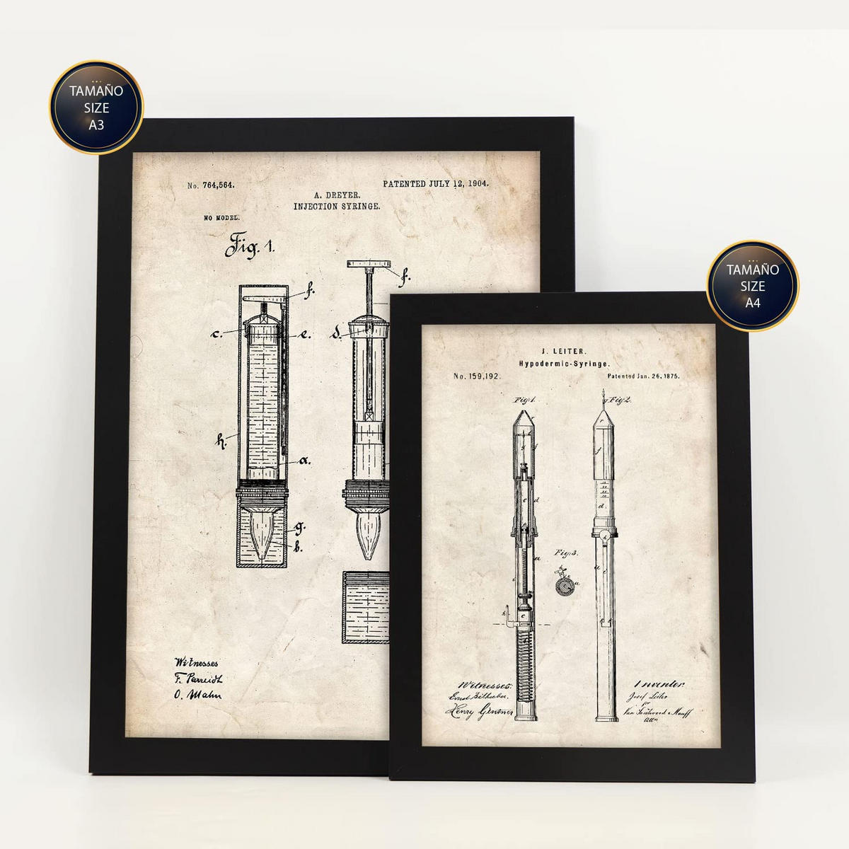 POSTER Set Mit 6 Plakaten Mit Medizin Patenten Im Vintage Stil A3 & A4 Schwarzer Rahmen - Schwarz, Papier (29/3cm) - Nacnic