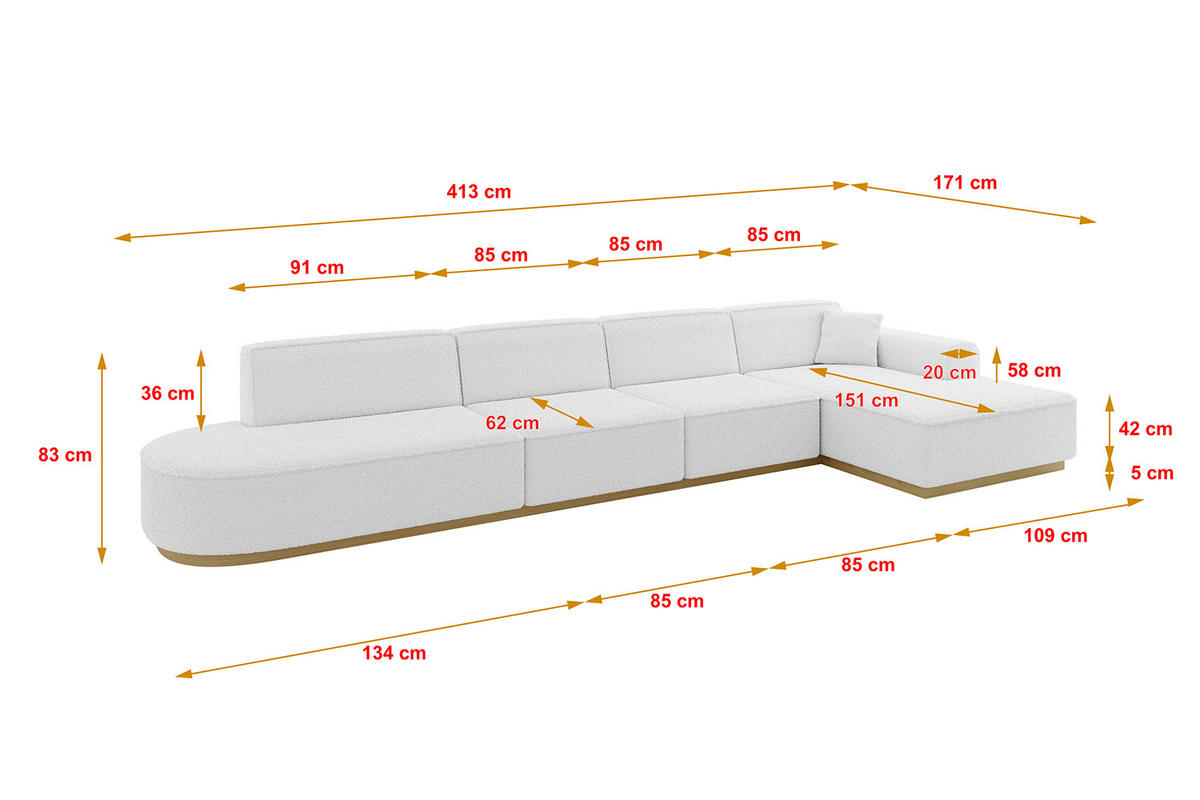 ECKSOFA Ottomane Rechts IREA-L3-v2 - 413x171x83 cm Weiß - Weiß, Holzwerkstoff/Textil (171/413cm) - ALTDECOR