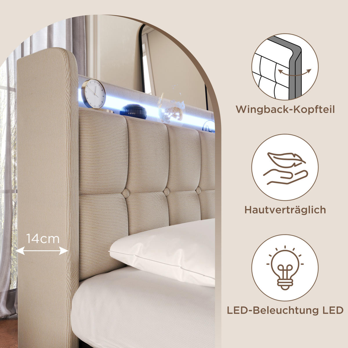 POLSTERBETT 90/200 cm mit LED-Beleuchtung, USB und 2 Schubladen in Beige - Beige, Holz (90/200cm) - BEAOK