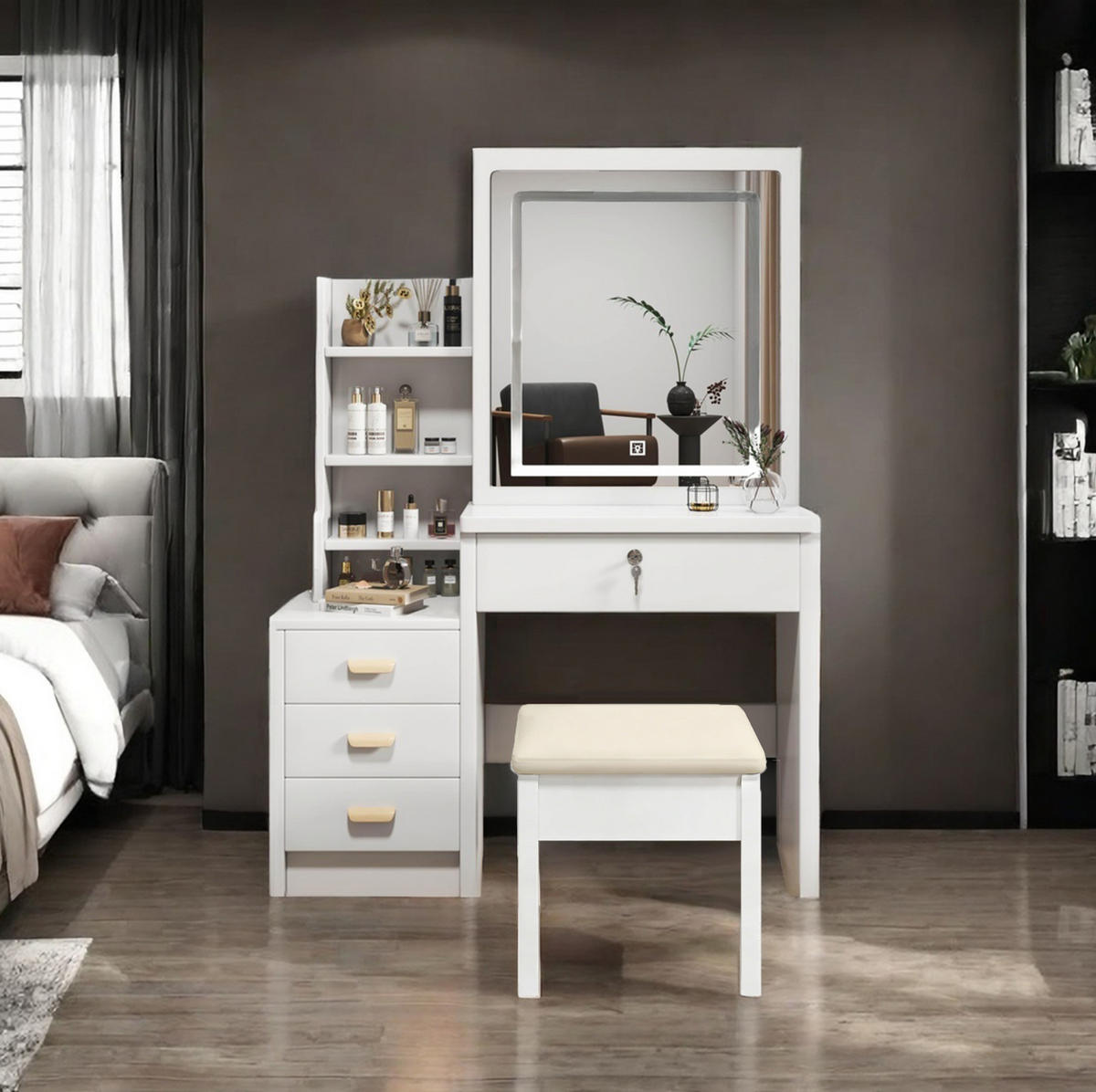 SCHMINKTISCH 85/36/130 cm weiß aus MDF mit LED-Spiegel und Hocker - Weiß, Holzwerkstoff (36/130/85cm) - OKWISH