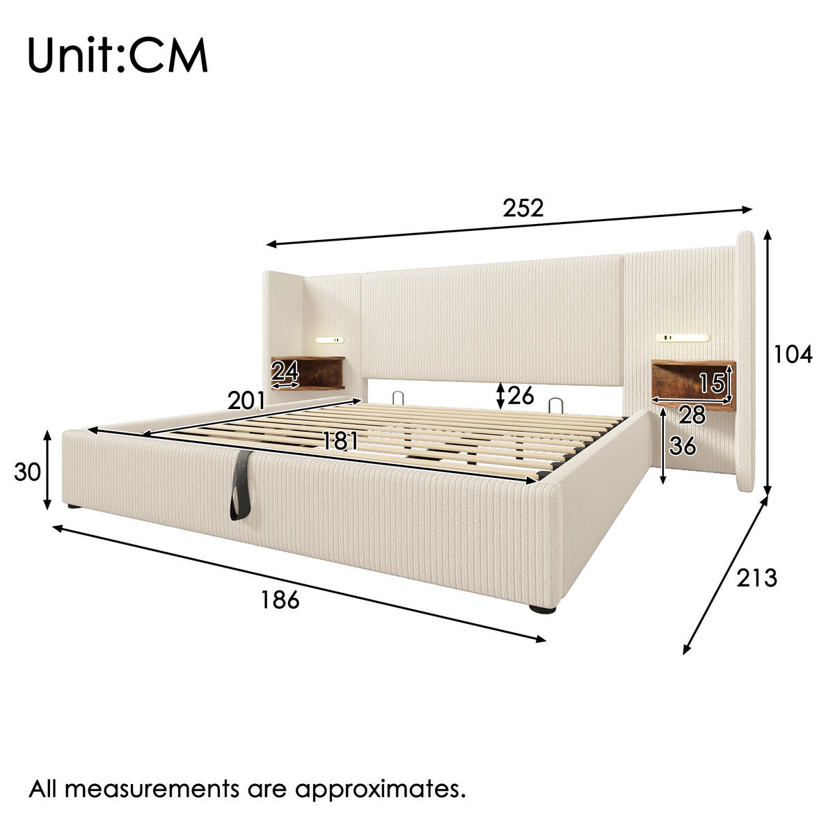 POLSTERBETT 180/200 cm Beige-Weiß aus Cordstoff mit Stauraum - Beige, Textil (180/200cm) - OKMYHOME