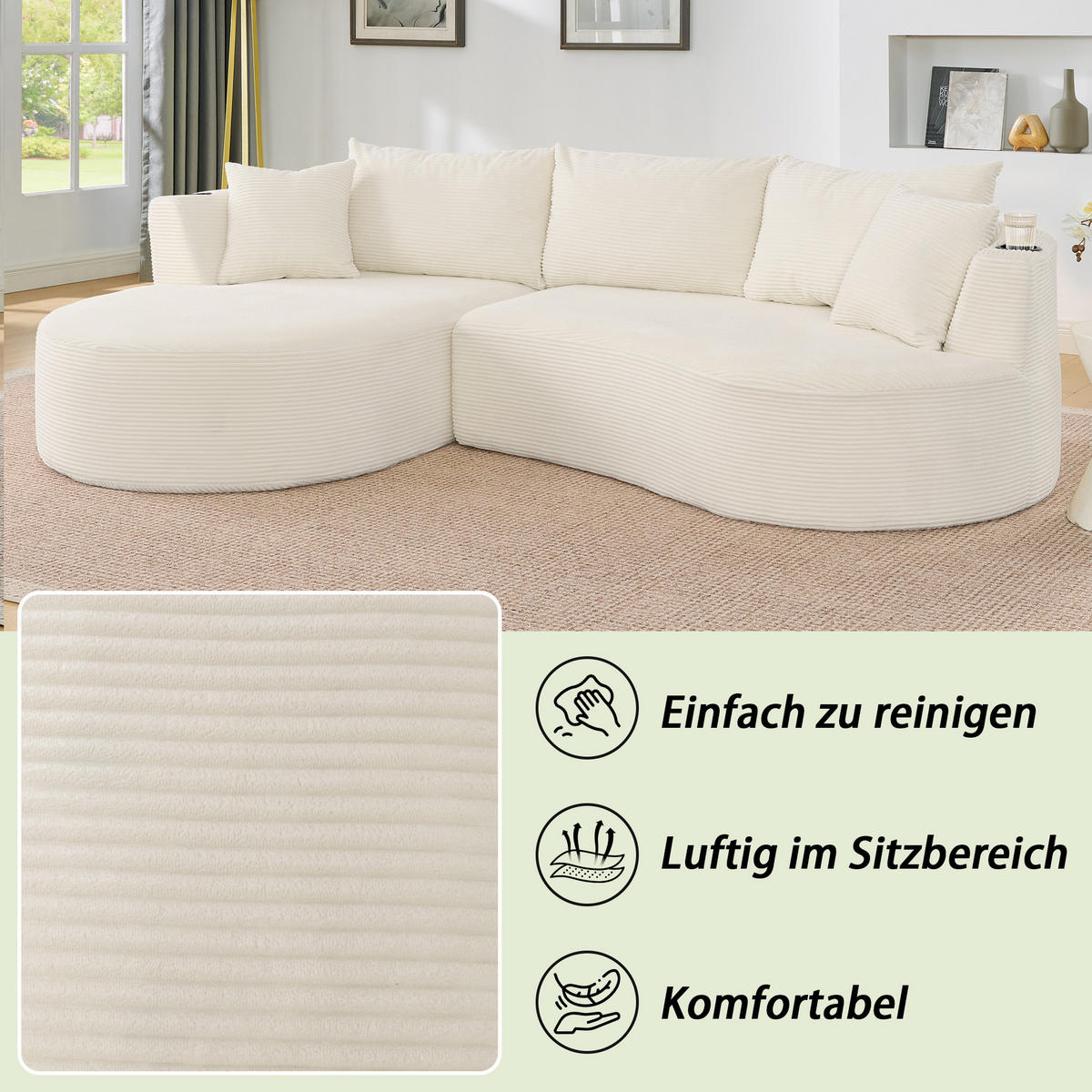 3-SITZER ECKSOFA Cord Beige mit Getränkehaltern und Kissen - Beige, Textil (264/168cm) - WISHDOR