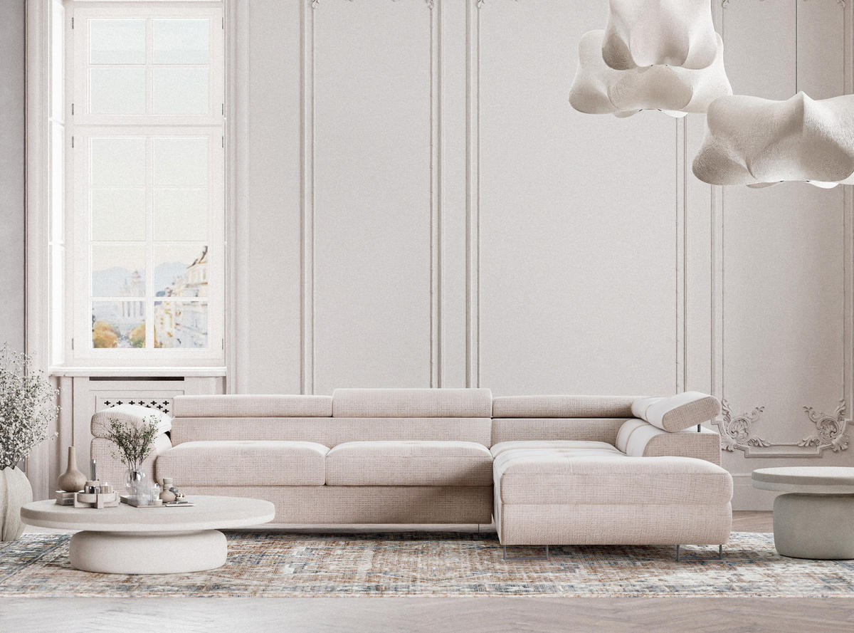 ECKSOFA Concord Creme Chenille-Stoff - Rechts Seite - Creme/Schwarz, Holz/Holzwerkstoff (277/203cm) - Maison de Reve