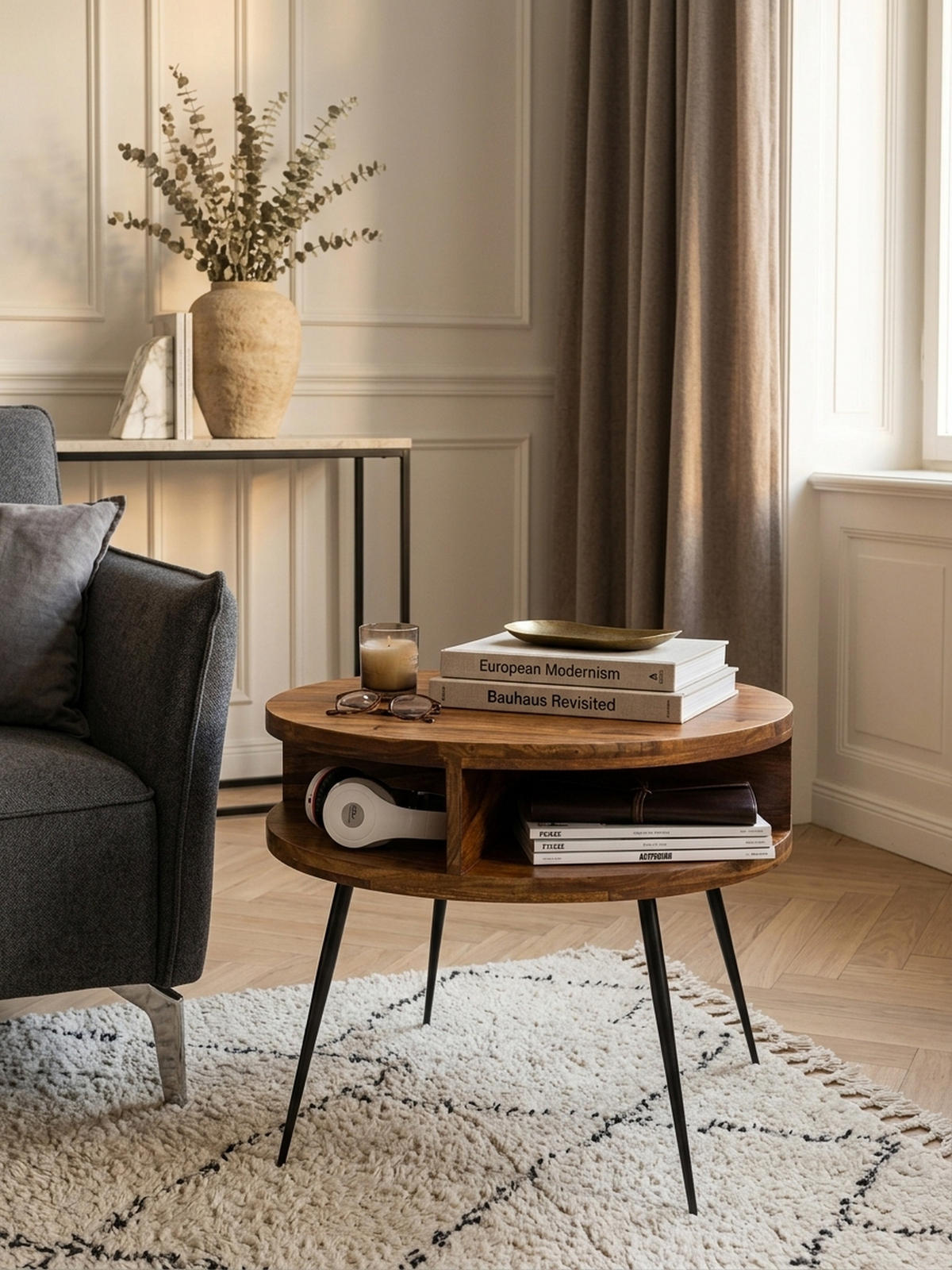 COUCHTISCH aus Sheesham Massivholz, Rund mit 4 Ablagefächern, Gestell aus Schwarzem Metall - Schwarz/Braun, Holz/Metall (60/60/45cm) - KADIMA DESIGN