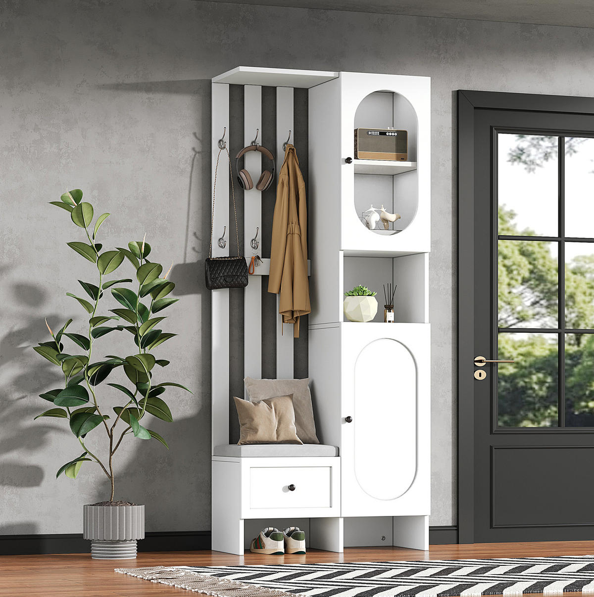 DIELENGARDEROBE 85/33,5/200 cm in Weiß mit 6 Haken und Schuhbank - Weiß, Holzwerkstoff (33.5/200/85cm) - BEAOK
