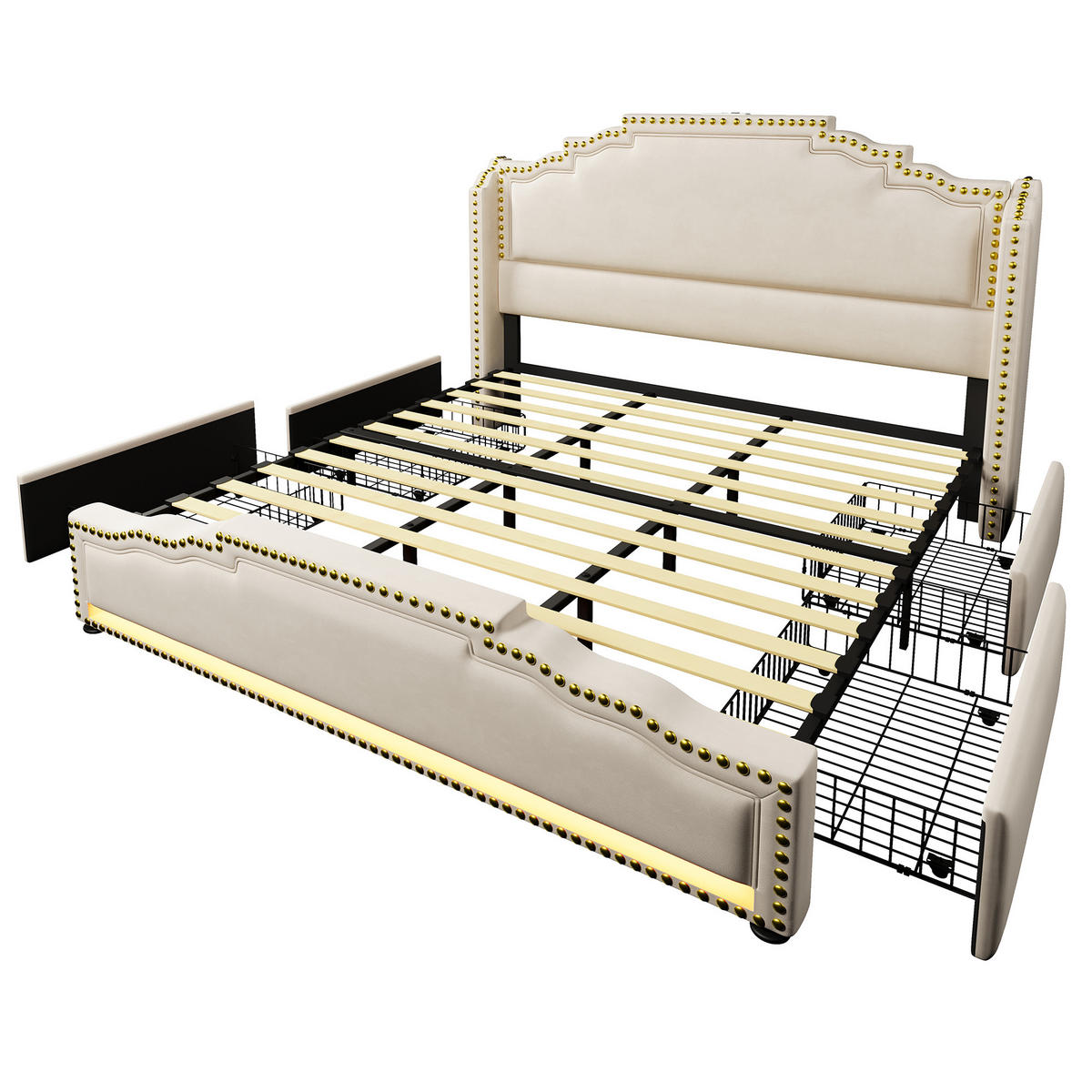 POLSTERBETT 180/200 cm mit 4 Schubladen, LED-Beleuchtung, USB-C-Anschluss und Lattenrost, Beige - Beige, Textil (180/200cm) - Redom