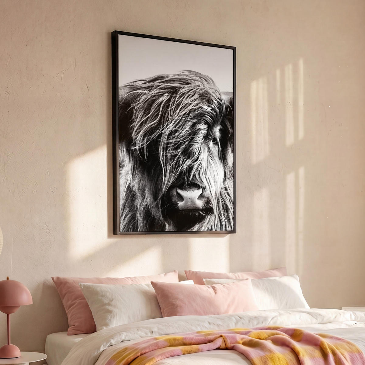 LEINWAND Bilder mit Rahmen - Kuh - Schottischer Hochländer - Schwarz - Weiß - Tier - Natur - Wildtiere - 100x150 - Schwarz, Textil (100/150cm) - MuchoWow