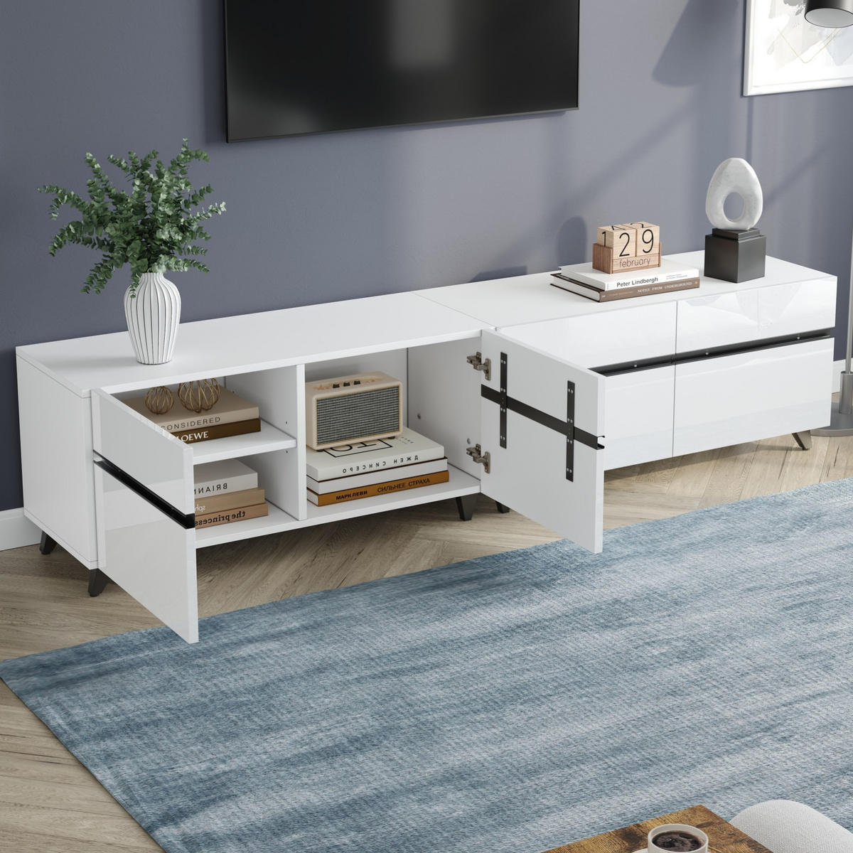 TV-LOWBOARD 180/40/49 cm mit 4 Schrankfächern und Hochglanzfront - Weiß, Holzwerkstoff (180/49/40cm) - BEAOK