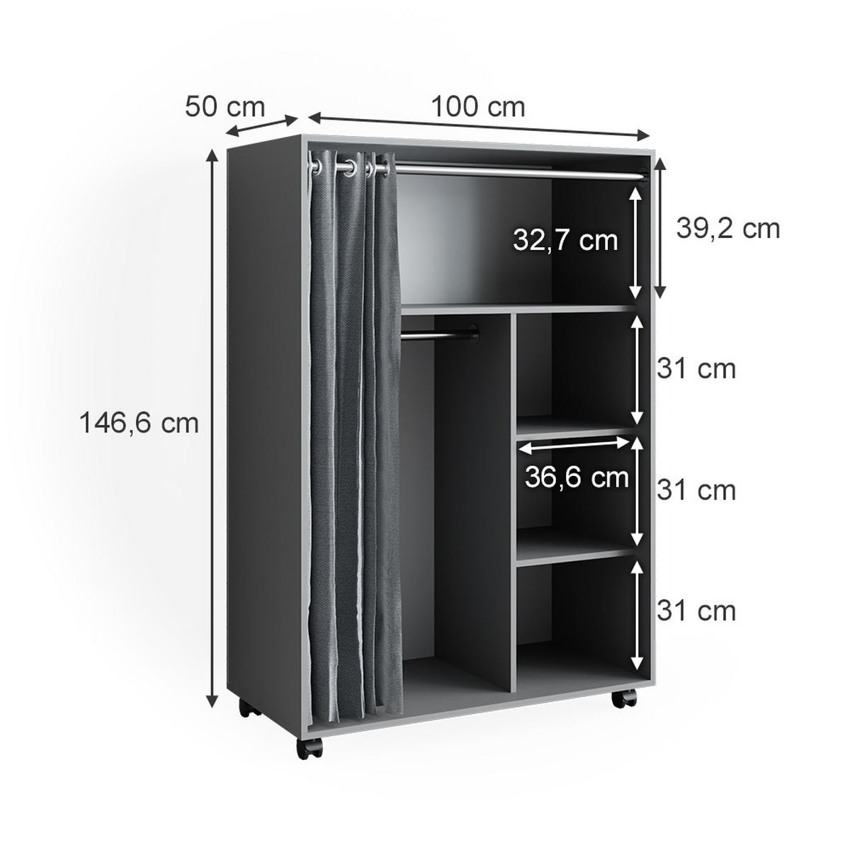 KLEIDERSCHRANK Doros Grau 100 x 146.6 cm offen rollbar - Grau, Holzwerkstoff (100/146.6/50cm) - Vicco