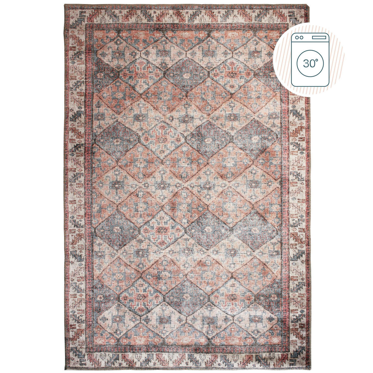 TEPPICH waschbar Vintage Rauten Muster, Orientalisch, Wohnzimmer schmutzabweisend Rot-Natur Rechteckig 190x290 - Rot, Textil (190/290cm) - KADIMA DESIGN